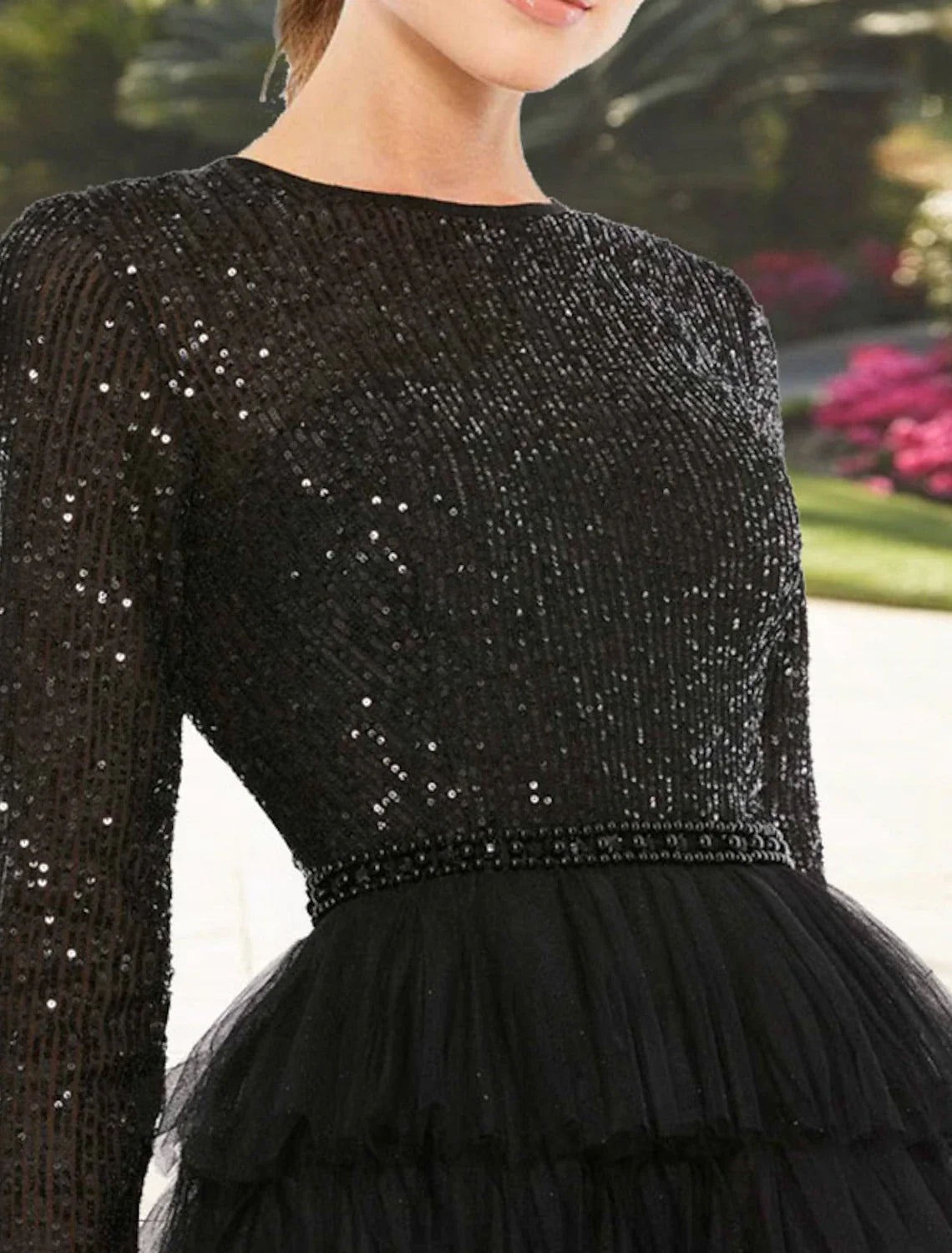 Black A-Line Tulle Long Sleeve Tiered Tea-Length Wedding Dress - Chloe Dress
