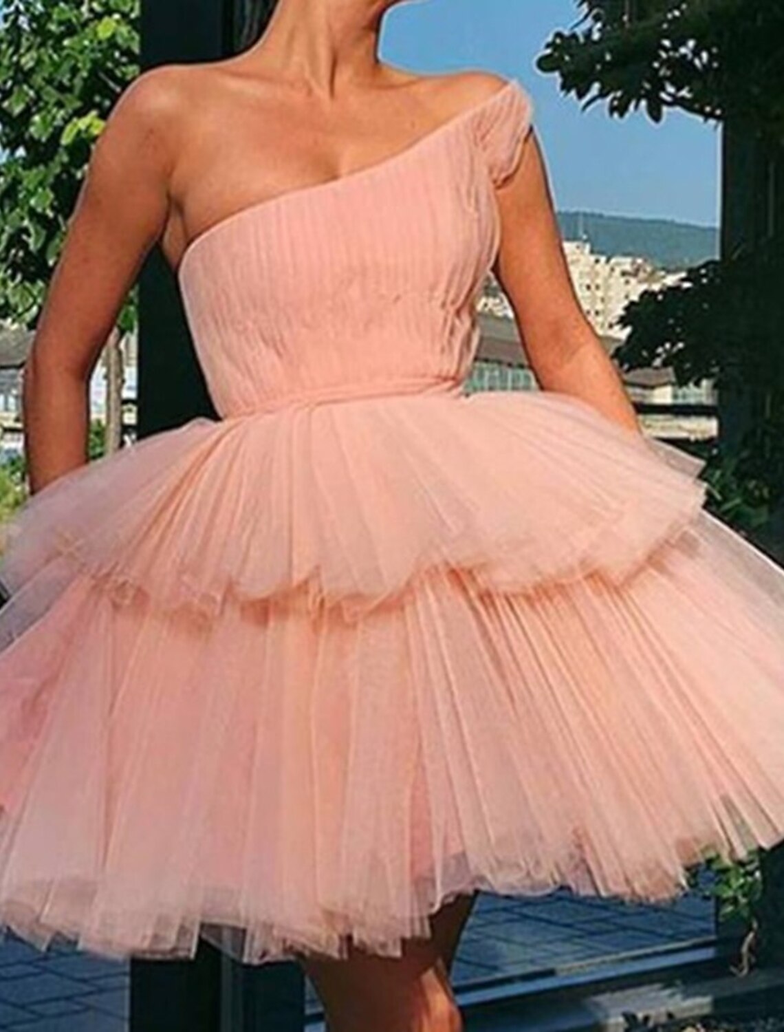 Pink A-Line One-Shoulder Tulle Sleeveless Ruffled Mini Cocktail Dress - Chloe Dress