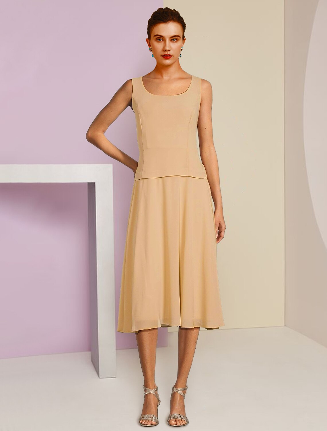 A-Line Chiffon Three-Quarter Sleeve Pleated Tea-Length Wedding Dress - Chloe Dress