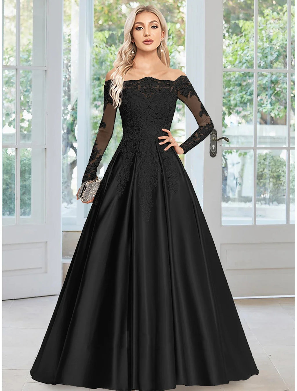 A-Line Off-Shoulder Satin Long Sleeve Train Evening Gown - Chloe Dress