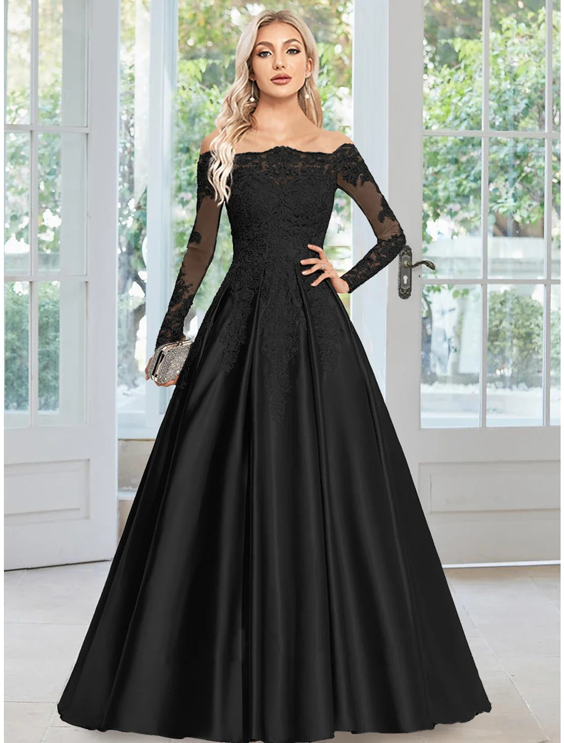A-Line Off-Shoulder Satin Long Sleeve Train Evening Gown - Chloe Dress