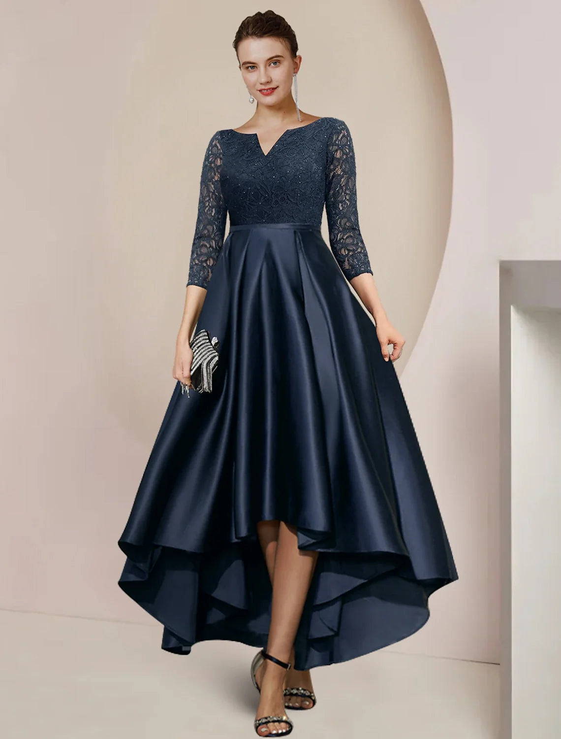 A-Line High Neck Satin Three-Quarter Sleeve Pleated Tea-Length Wedding Dress - Chloe Dress