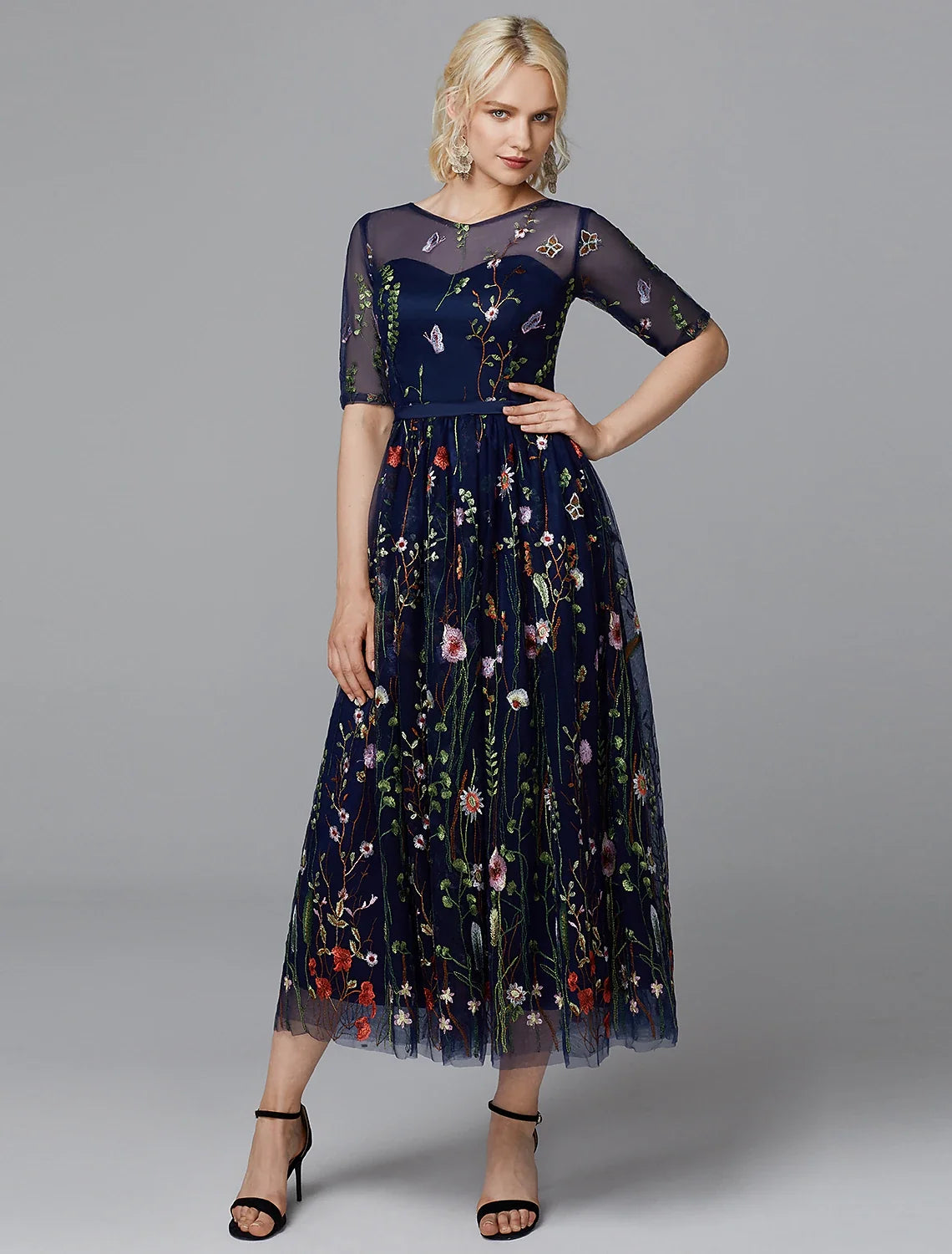 A-Line Illusion Lace Applique Tea-Length Wedding Dress - Chloe Dress