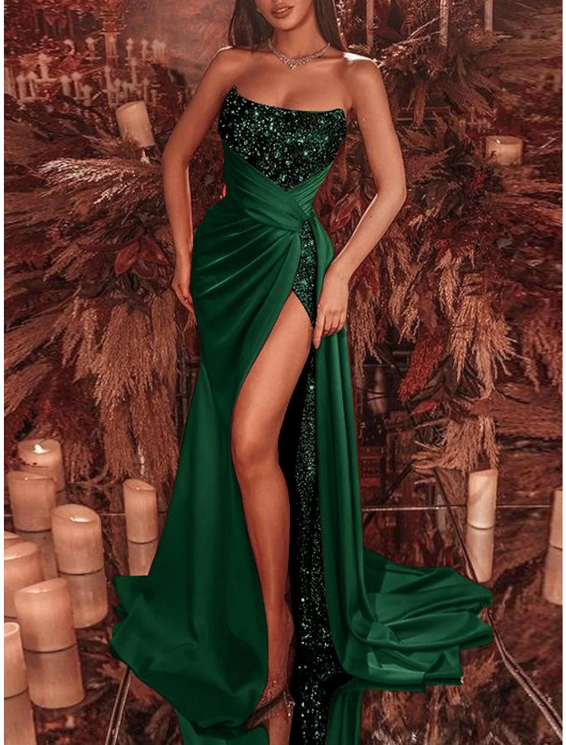 Black Sheath Strapless Sequin Sleeveless High Slit Evening Gown - Chloe Dress