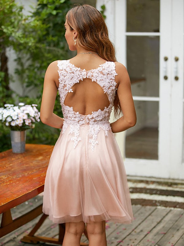 A-Line V-Neck Tulle Sleeveless Applique Mini Dress - Chloe Dress