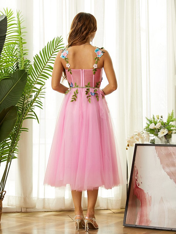 A-Line Spaghetti Strap Tulle Sleeveless Tea-Length Dress - Chloe Dress