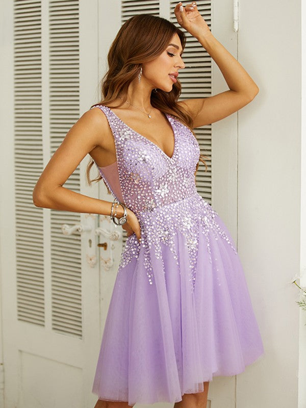 A-Line V-Neck Tulle Sleeveless Knee-Length Dress - Chloe Dress