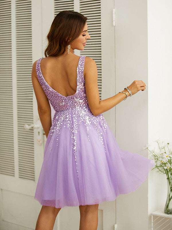 A-Line V-Neck Tulle Sleeveless Knee-Length Dress - Chloe Dress