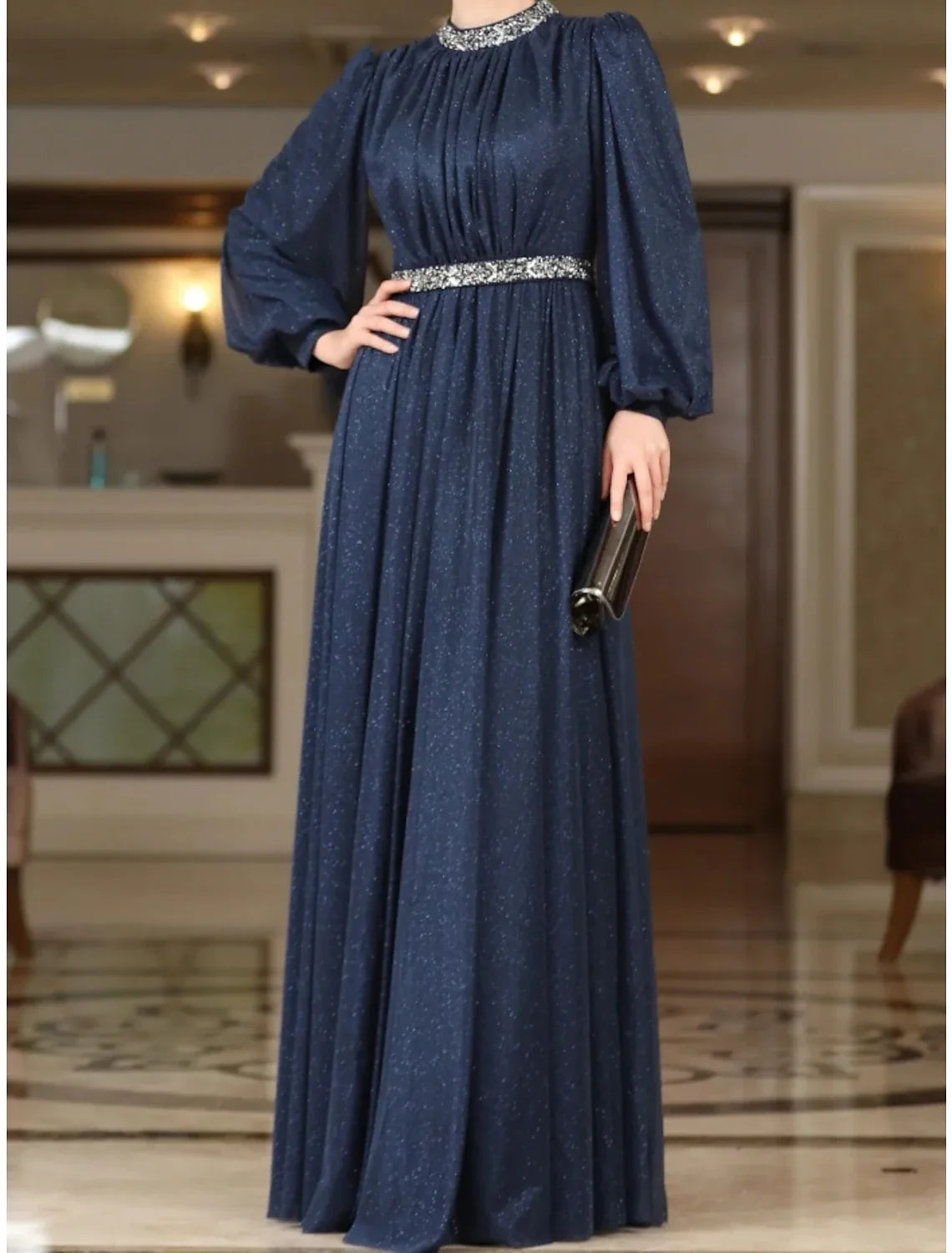 A-Line Long Sleeve Pleated Floor-Length Evening Gown - Chloe Dress