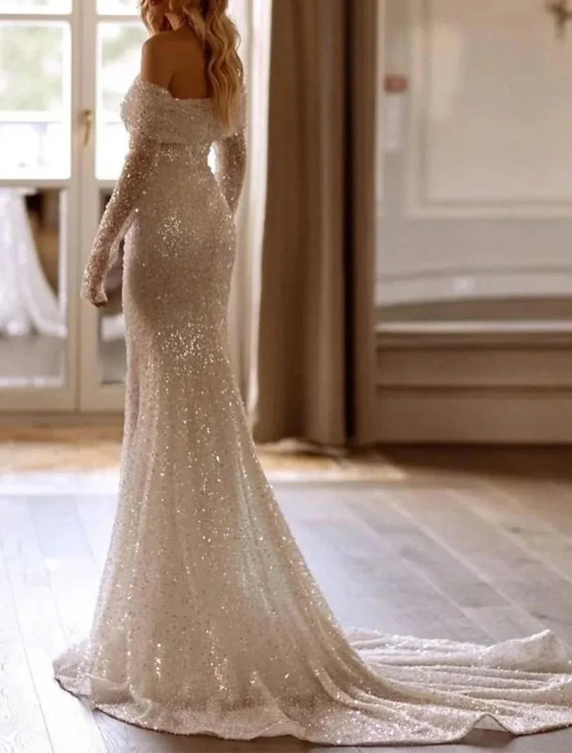 Mermaid Off-Shoulder Sequin Long Sleeve Pleated Wedding Gown - Chloe Dress
