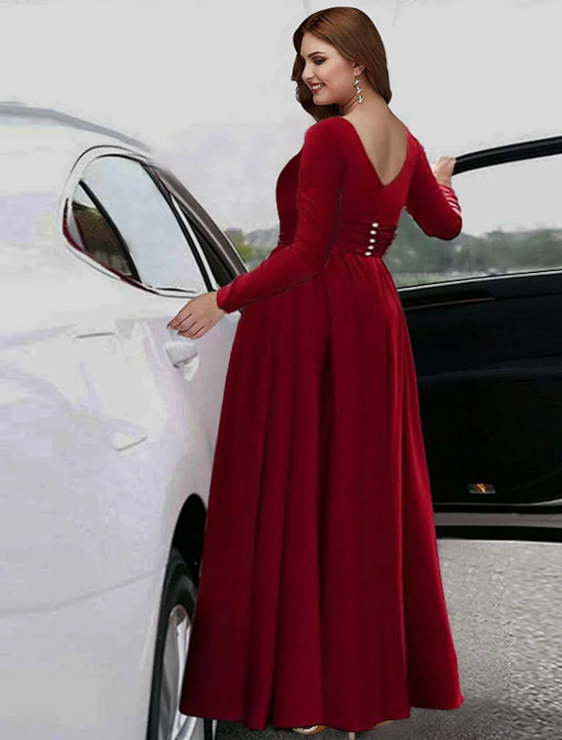 A-Line V-Neck Chiffon Long Sleeve High Slit Floor-Length Evening Dress - Chloe Dress