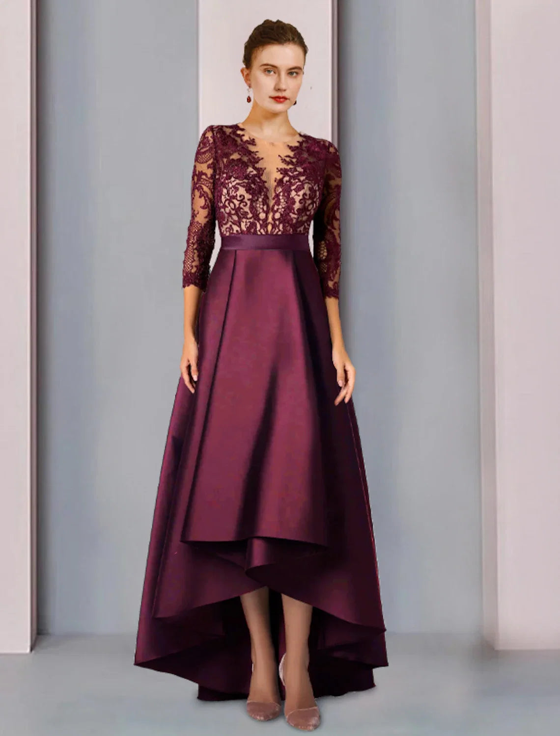 A-Line High Neck Satin Three-Quarter Sleeve Asymmetric Tea-Length Formal Dress - Chloe Dress
