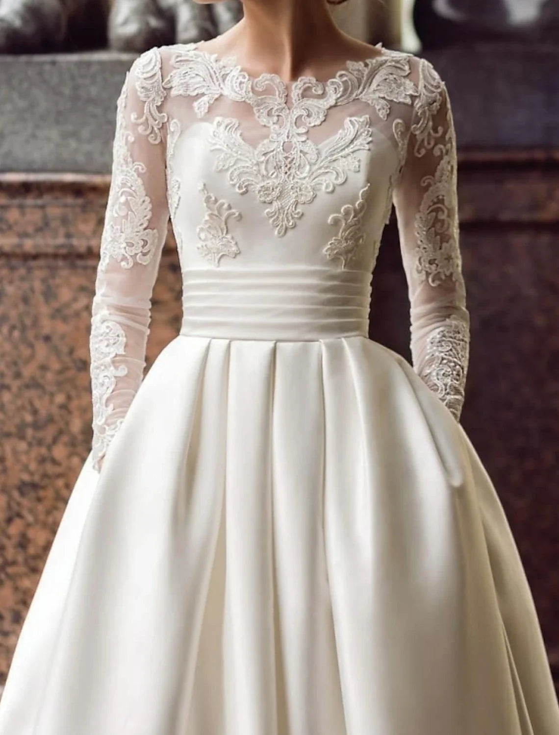 Ball Gown Illusion Satin Long Sleeve Train Wedding Gown - Chloe Dress