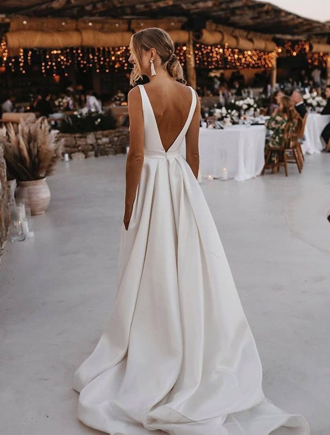 A-Line V-Neck Satin Sleeveless Train Wedding Gown - Chloe Dress