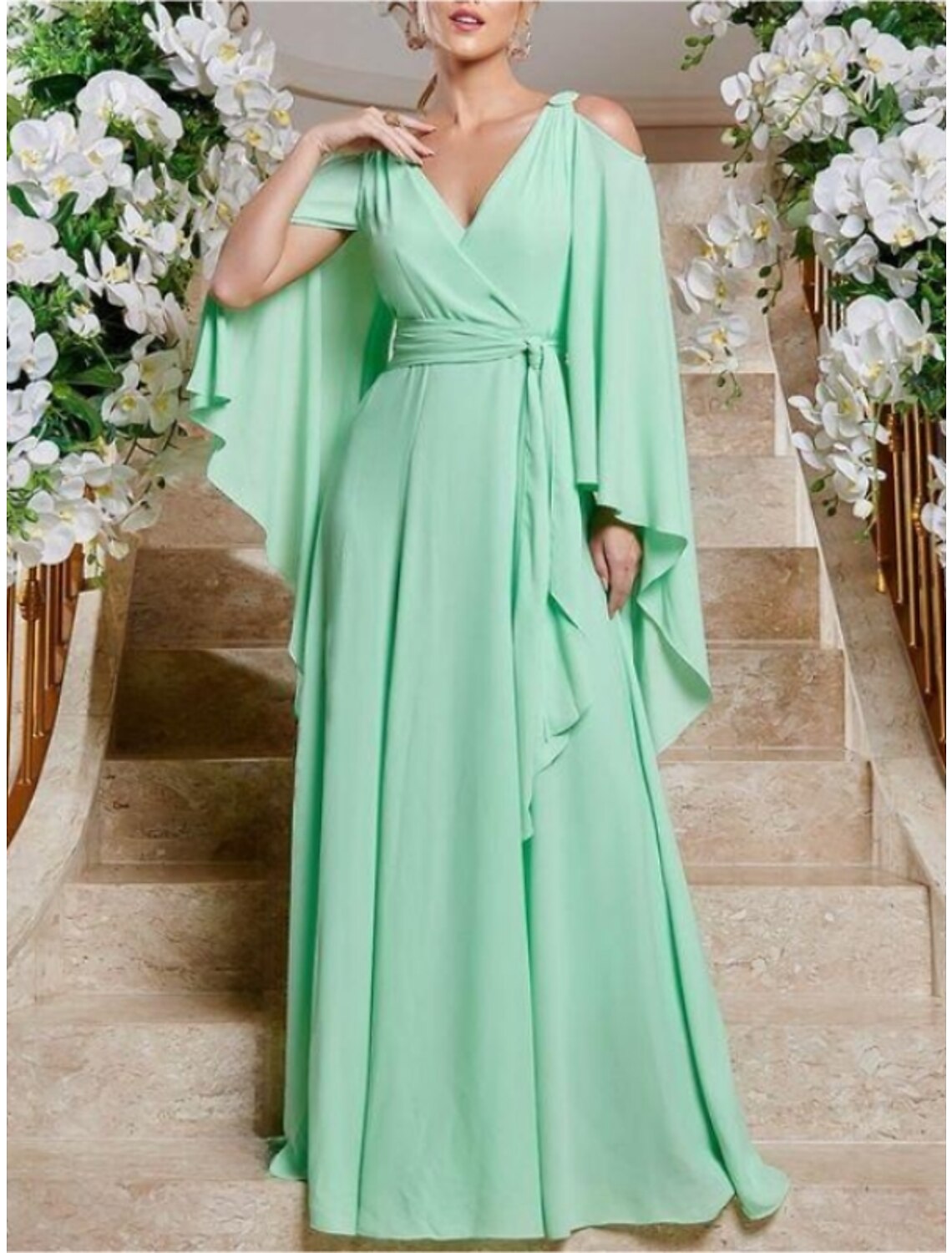 Sheath V-Neck Chiffon Long Sleeve Ruffled Floor-Length Wedding Dress - Chloe Dress