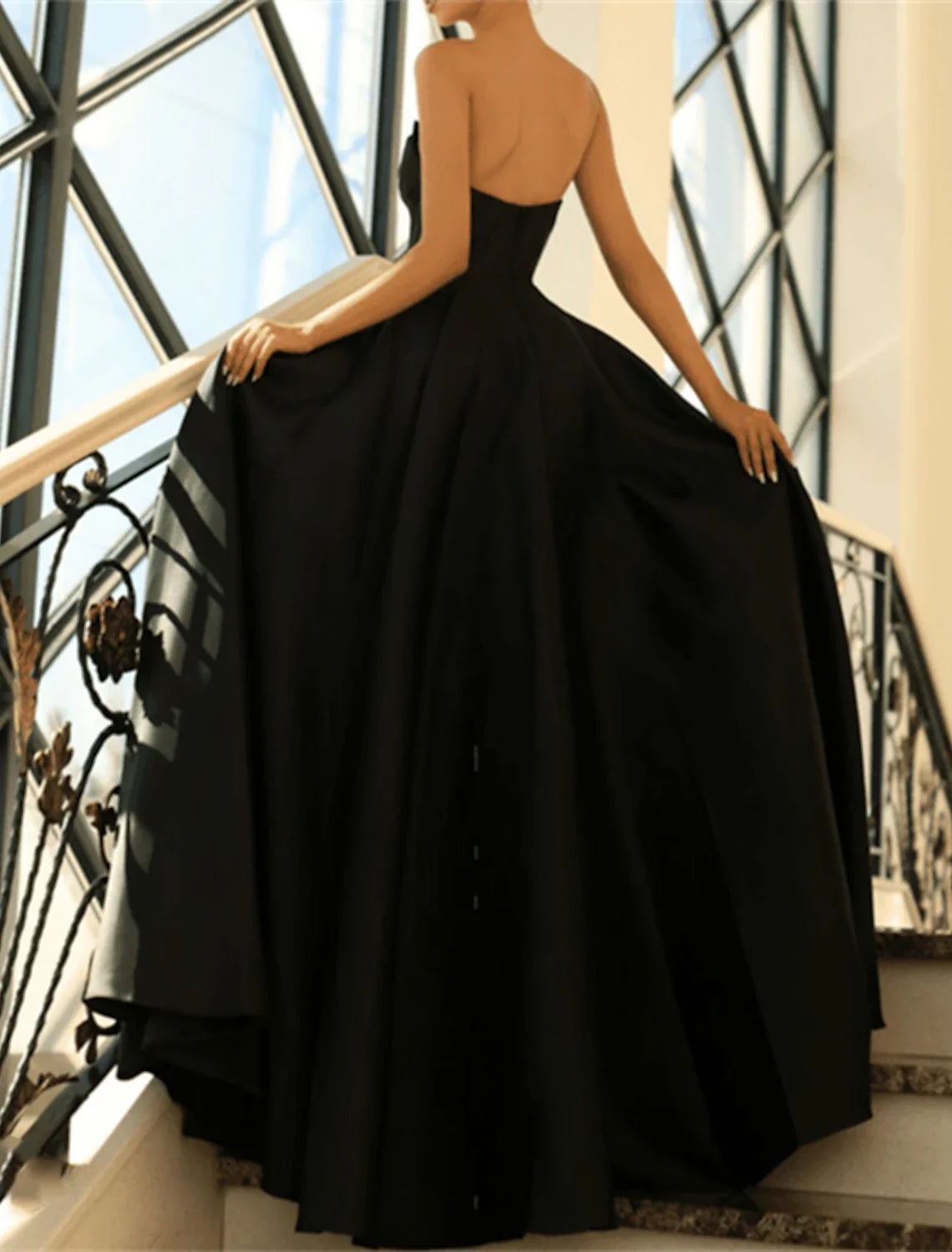 Black A-Line Strapless Satin Sleeveless High Slit Floor-Length Evening Gown - Chloe Dress