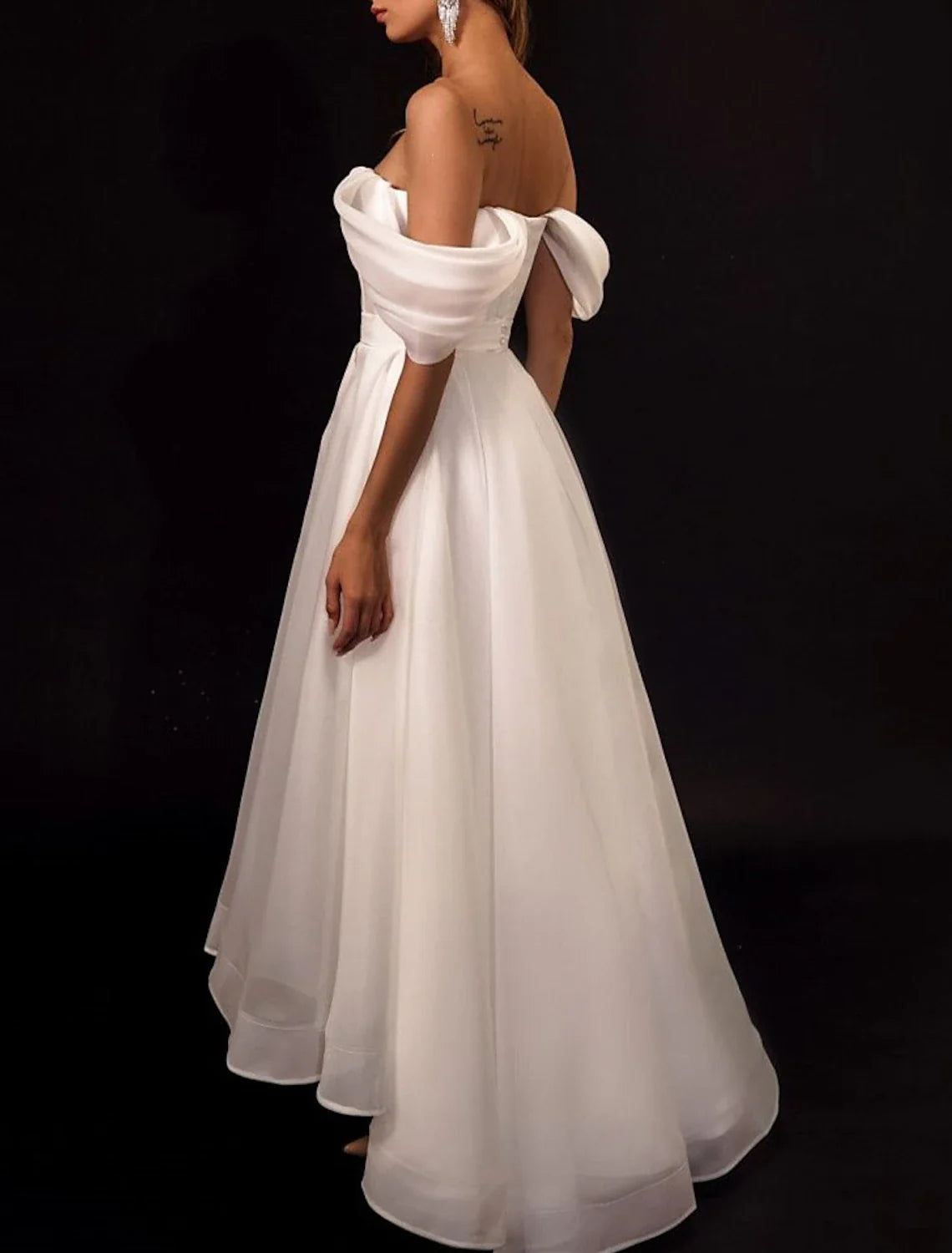 White A-Line Off-Shoulder Organza Cap Sleeve Asymmetric Wedding Gown - Chloe Dress
