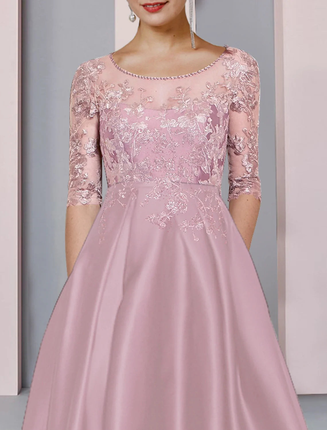 A-Line High Neck Satin Pleated Tea-Length Wedding Dress - Chloe Dress