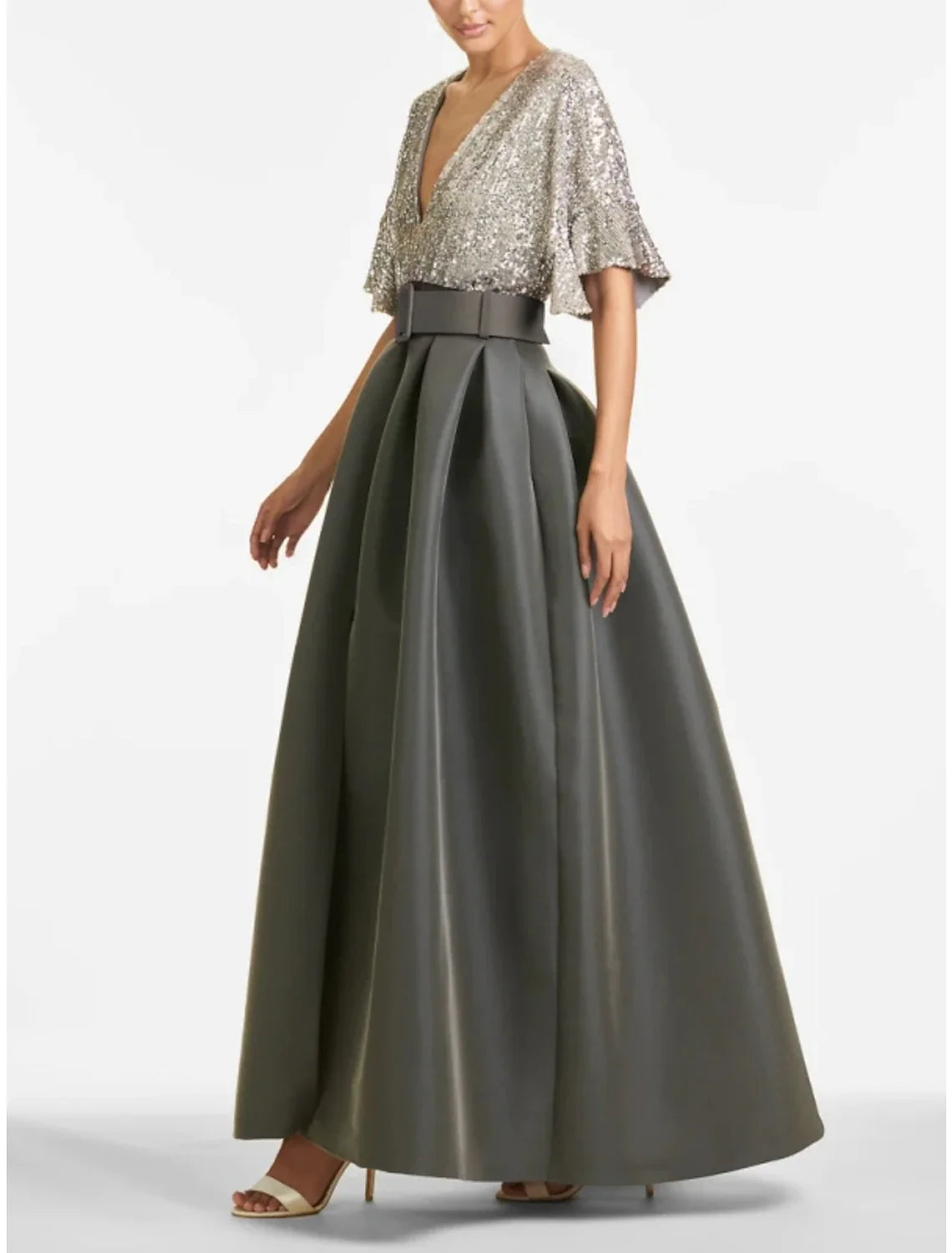A-Line V-Neck Satin Pleated Ankle-Length Evening Gown - Chloe Dress