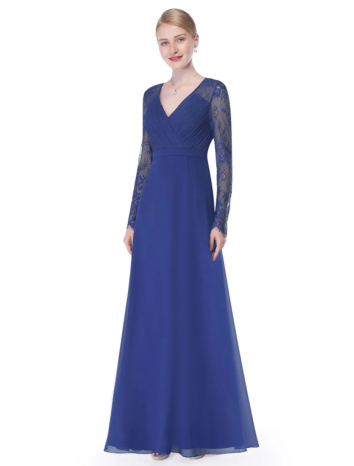 A-Line V-Neck Chiffon Long Sleeve Floor-Length Evening Gown - Chloe Dress