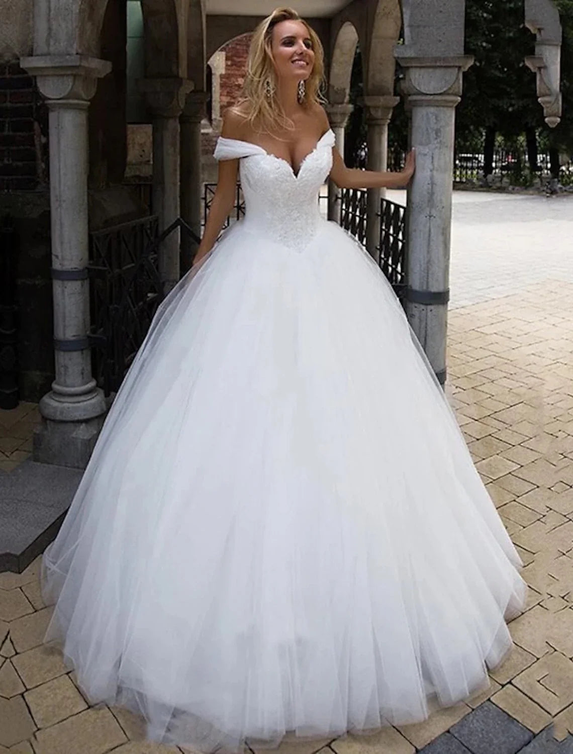 Ball Gown Off-Shoulder Tulle Cap Sleeve Train Wedding Gown - Chloe Dress