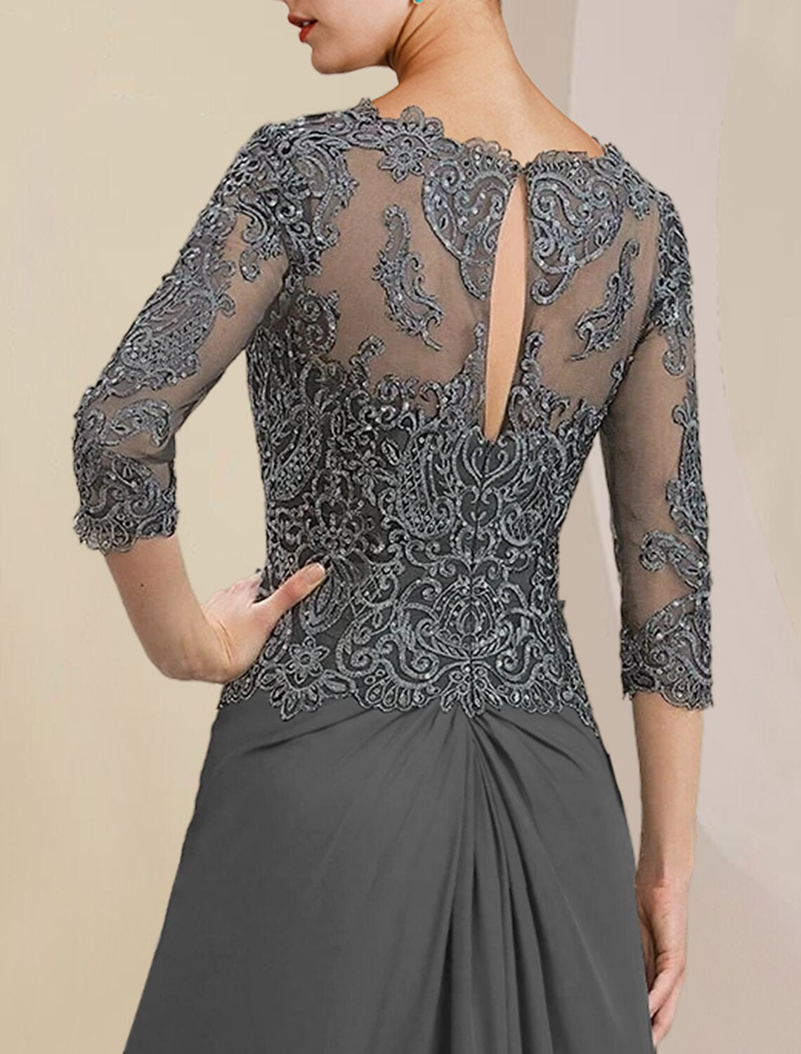 Sheath V-Neck Chiffon Three-Quarter Sleeve Applique Floor-Length Wedding Dress - Chloe Dress