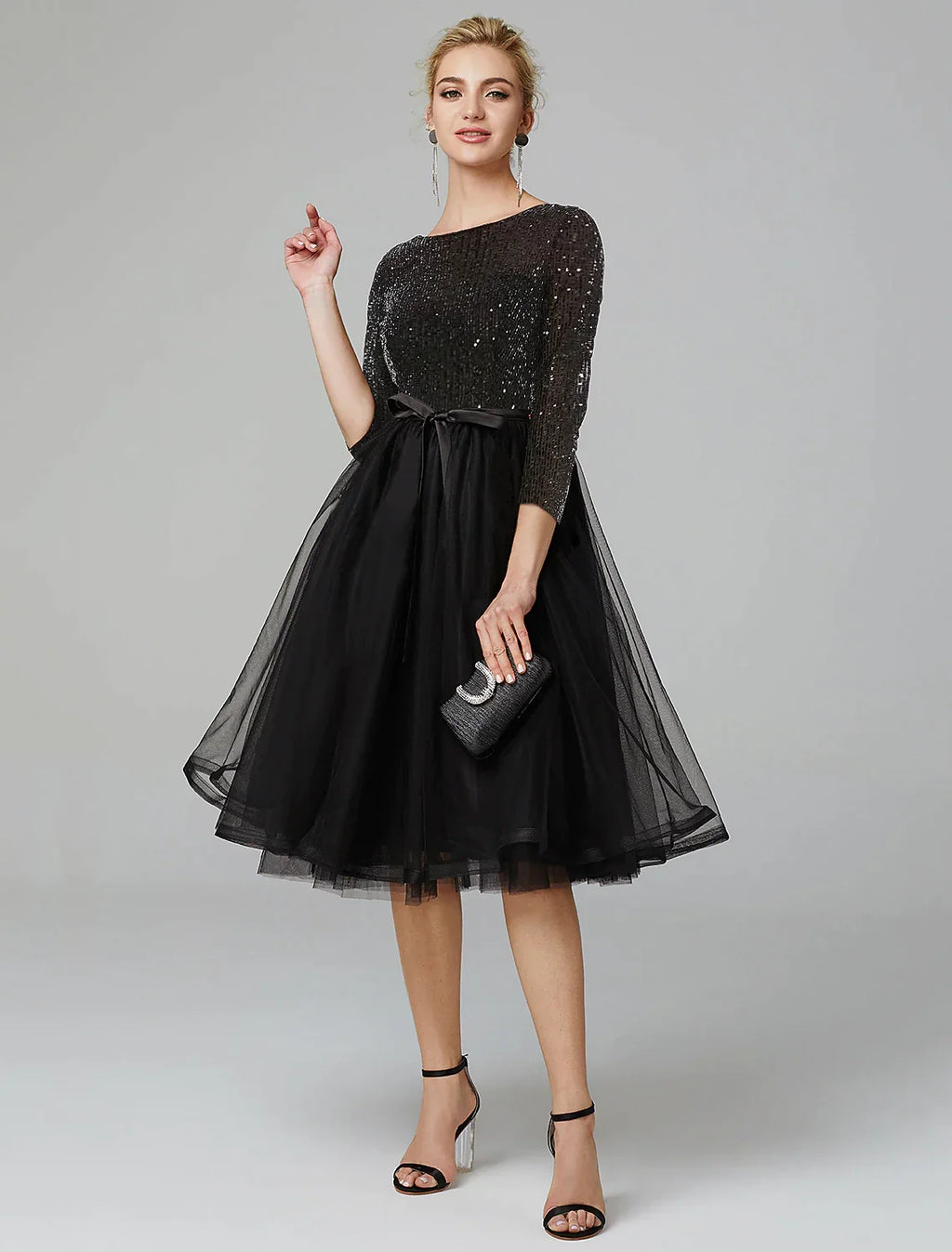 A-Line Tulle Three-Quarter Sleeve Tea-Length Wedding Dress - Chloe Dress