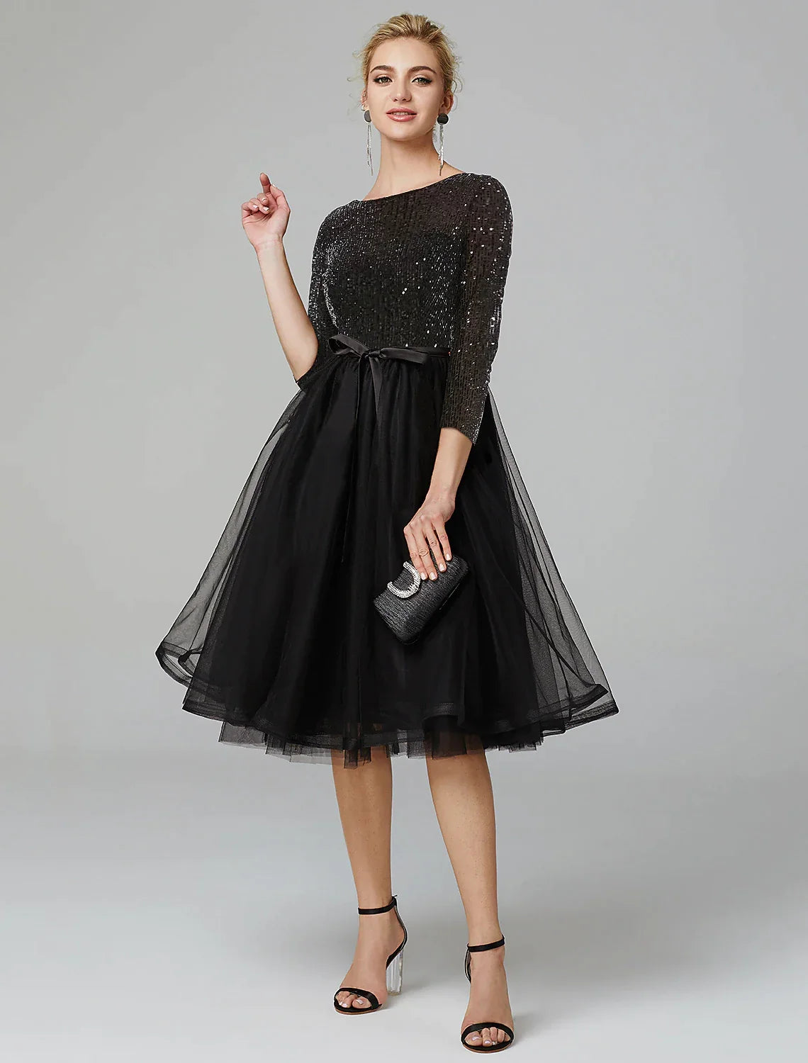 A-Line Tulle Three-Quarter Sleeve Tea-Length Wedding Dress - Chloe Dress