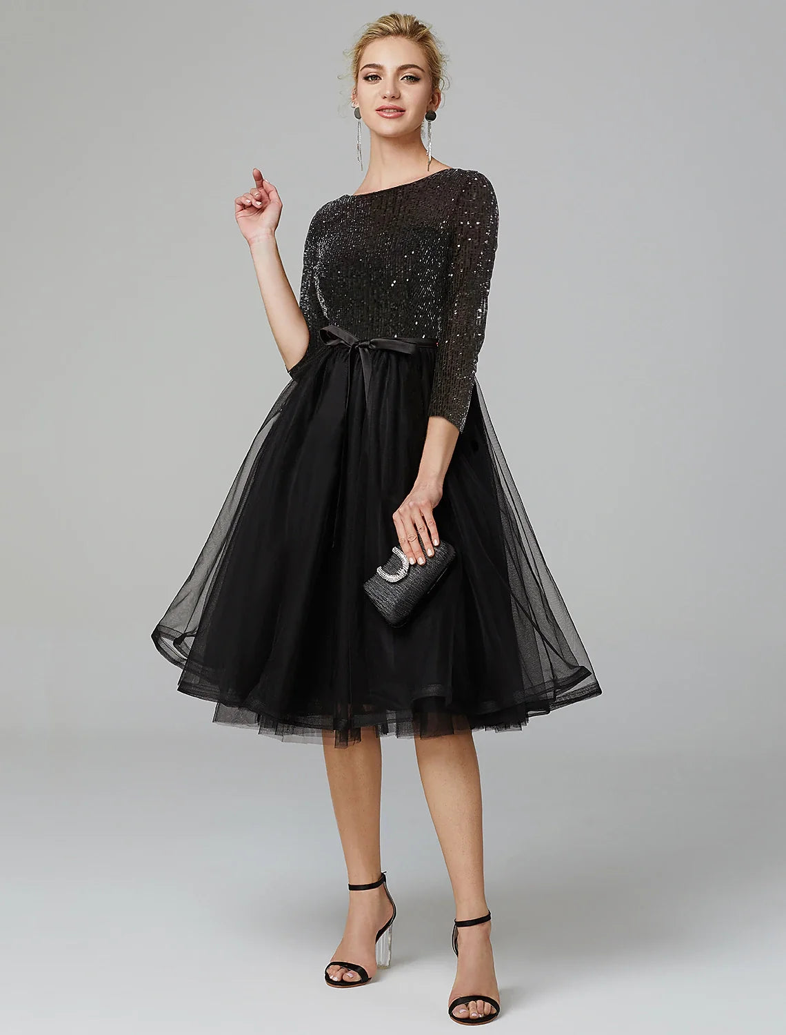 A-Line Tulle Three-Quarter Sleeve Tea-Length Wedding Dress - Chloe Dress