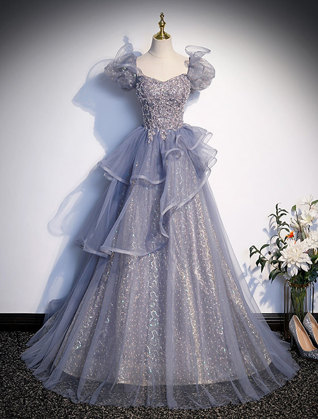 Ball Gown Square Neck Tulle Short Sleeve Ruffled Floor-Length Gown - Chloe Dress