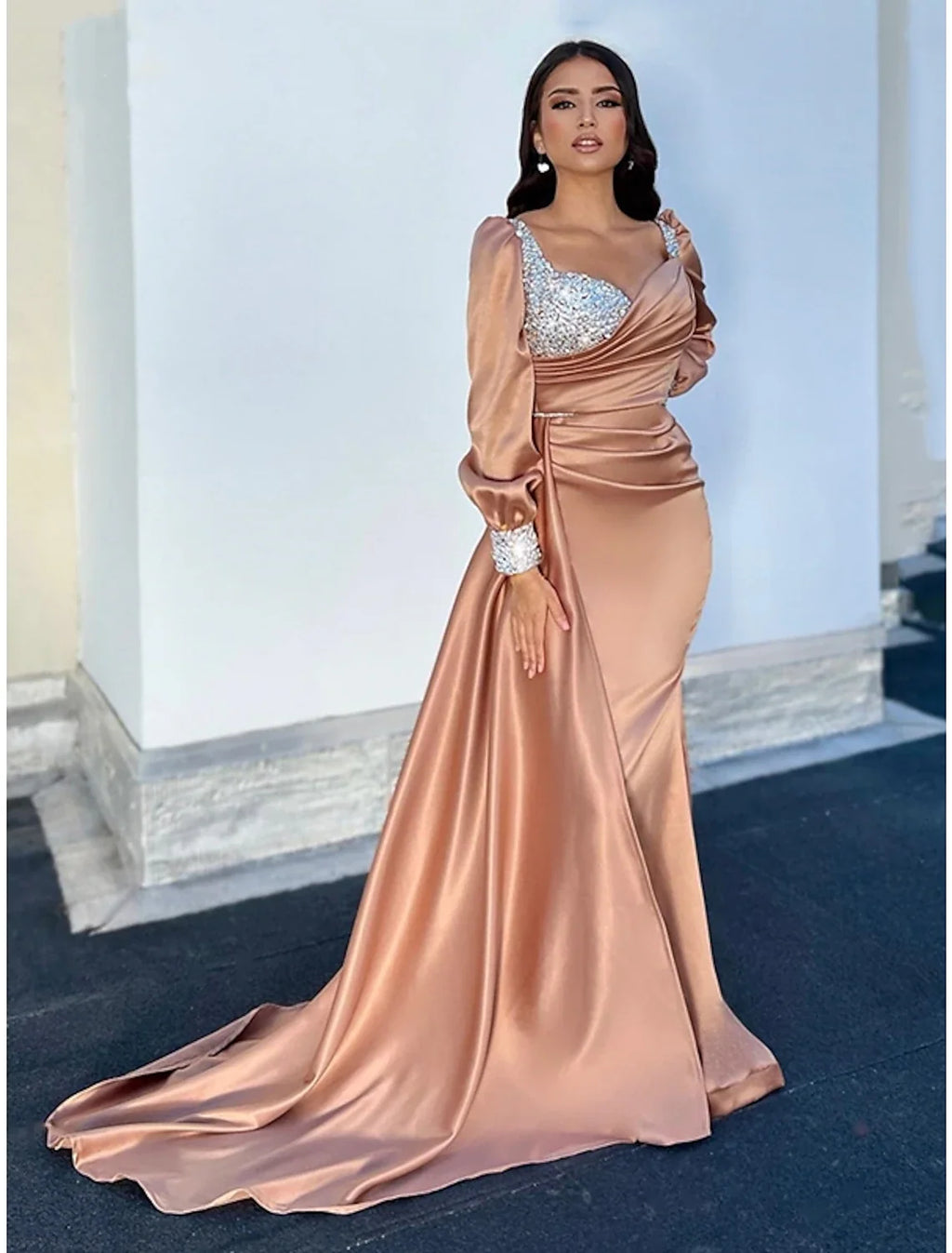 A-Line Square Neck Satin Long Sleeve Train Evening Gown - Chloe Dress