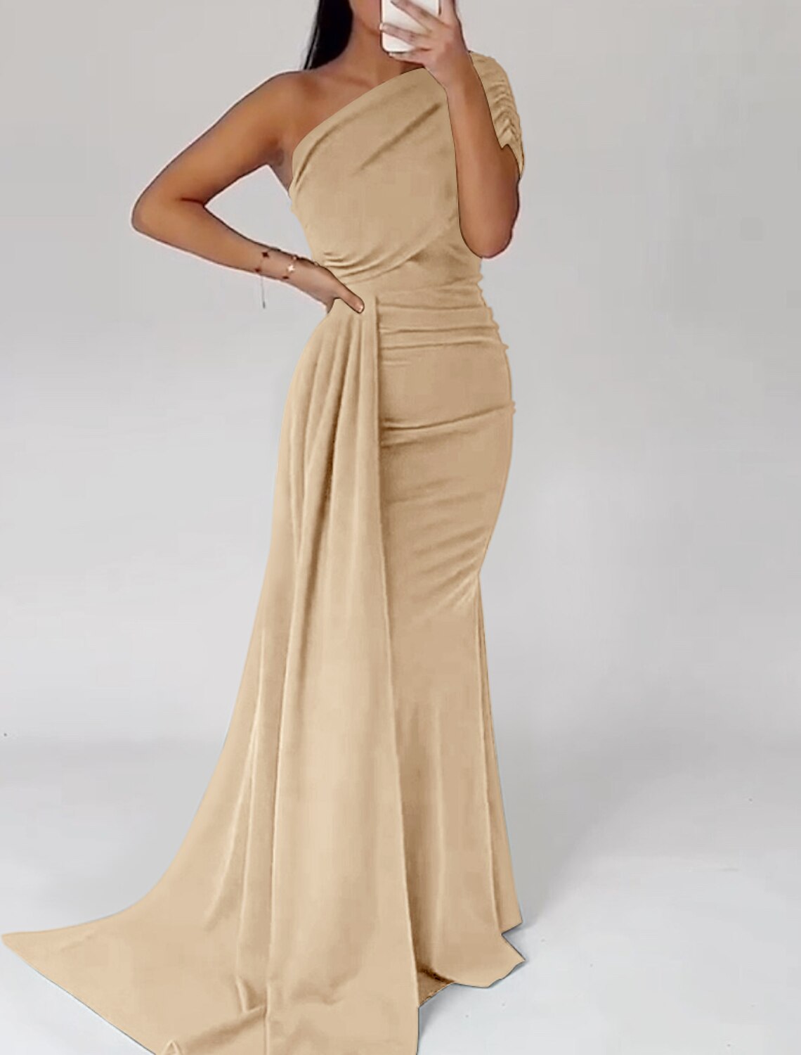 Green Mermaid One-Shoulder Satin Short Sleeve Pleated Mini Evening Gown - Chloe Dress