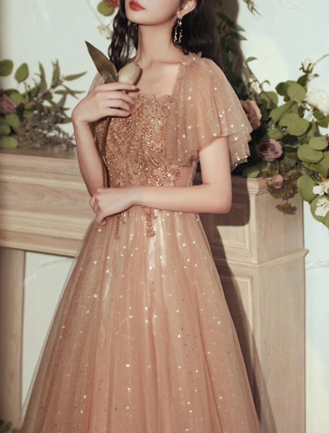 A-Line Tulle Short Sleeve Pleated Floor-Length Evening Dress - Chloe Dress