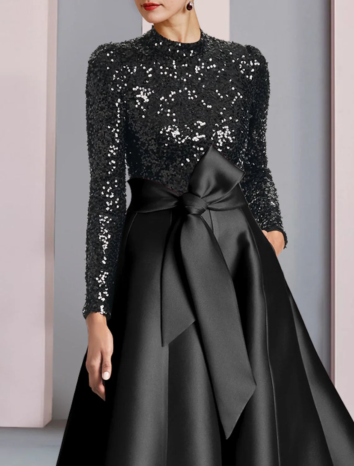 A-Line High Neck Satin Long Sleeve Pleated Tea-Length Wedding Dress - Chloe Dress