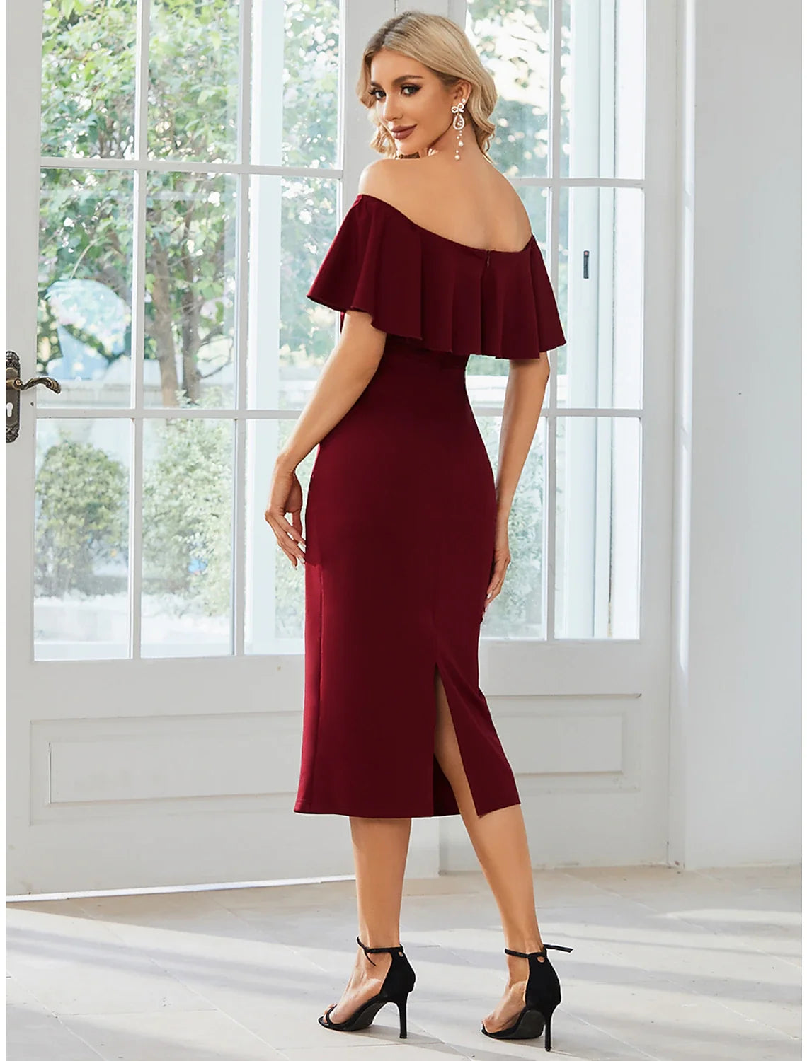 Sheath Off-Shoulder Short Sleeve High Slit Mini Wedding Dress - Chloe Dress