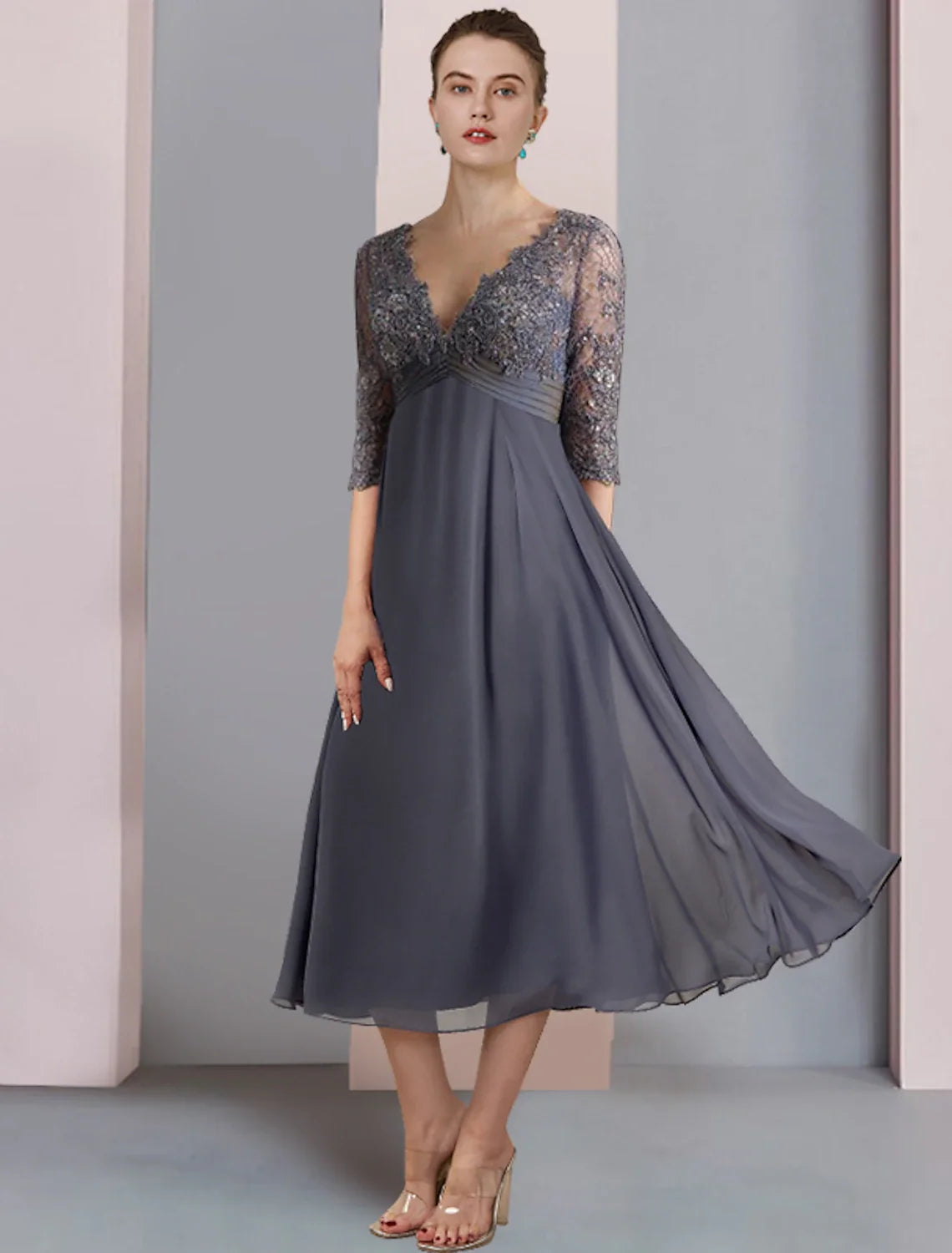 A-Line V-Neck Chiffon Applique Tea-Length Wedding Dress - Chloe Dress