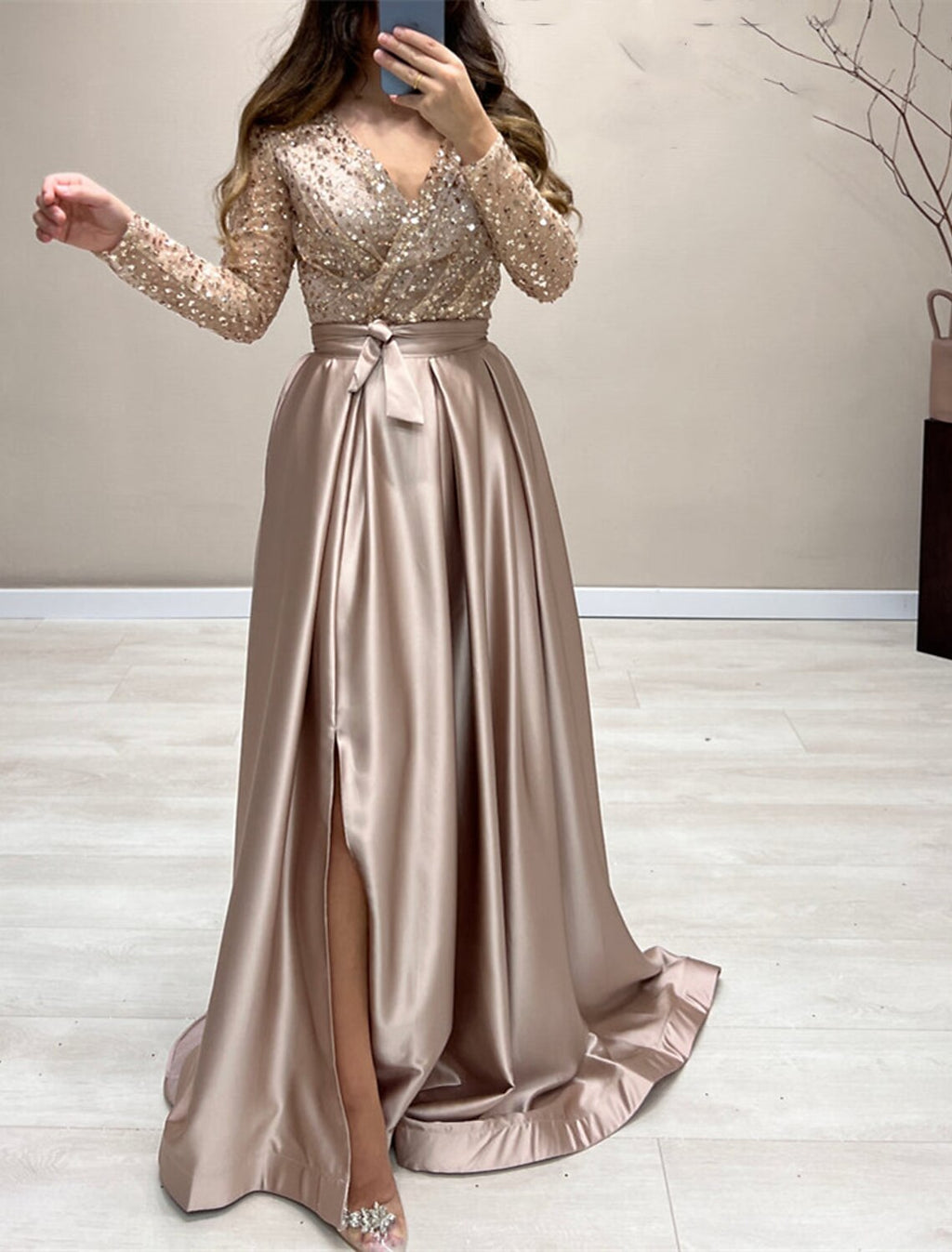 A-Line V-Neck Satin Long Sleeve Train Evening Gown - Chloe Dress
