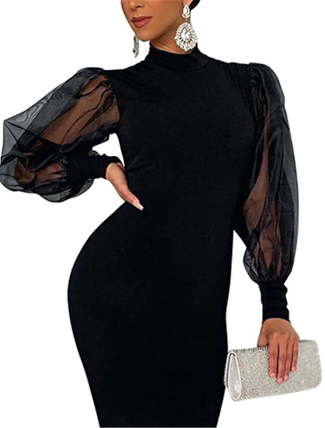 Black Sheath High Neck Long Sleeve Tea-Length Wedding Dress - Chloe Dress