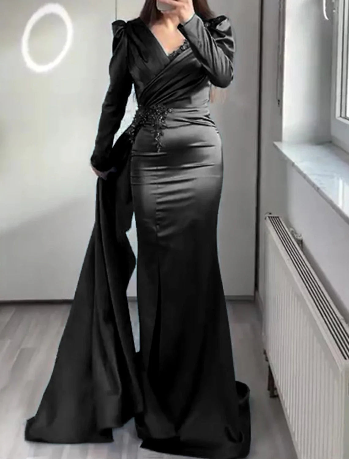 Black Mermaid V-Neck Satin Short Sleeve Applique Floor-Length Evening Gown - Chloe Dress