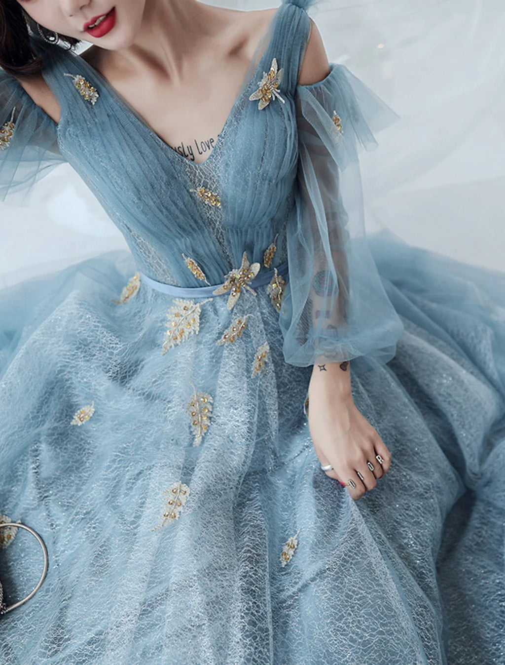 A-Line V-Neck Sequin Long Sleeve Floor-Length Evening Dress - Chloe Dress