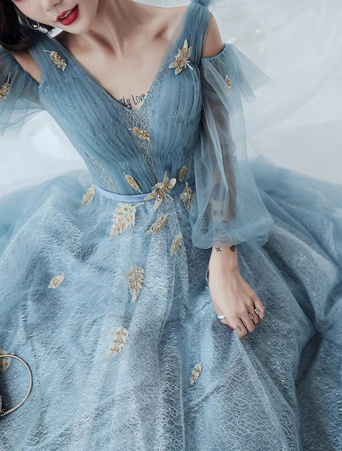 A-Line V-Neck Sequin Long Sleeve Floor-Length Evening Dress - Chloe Dress
