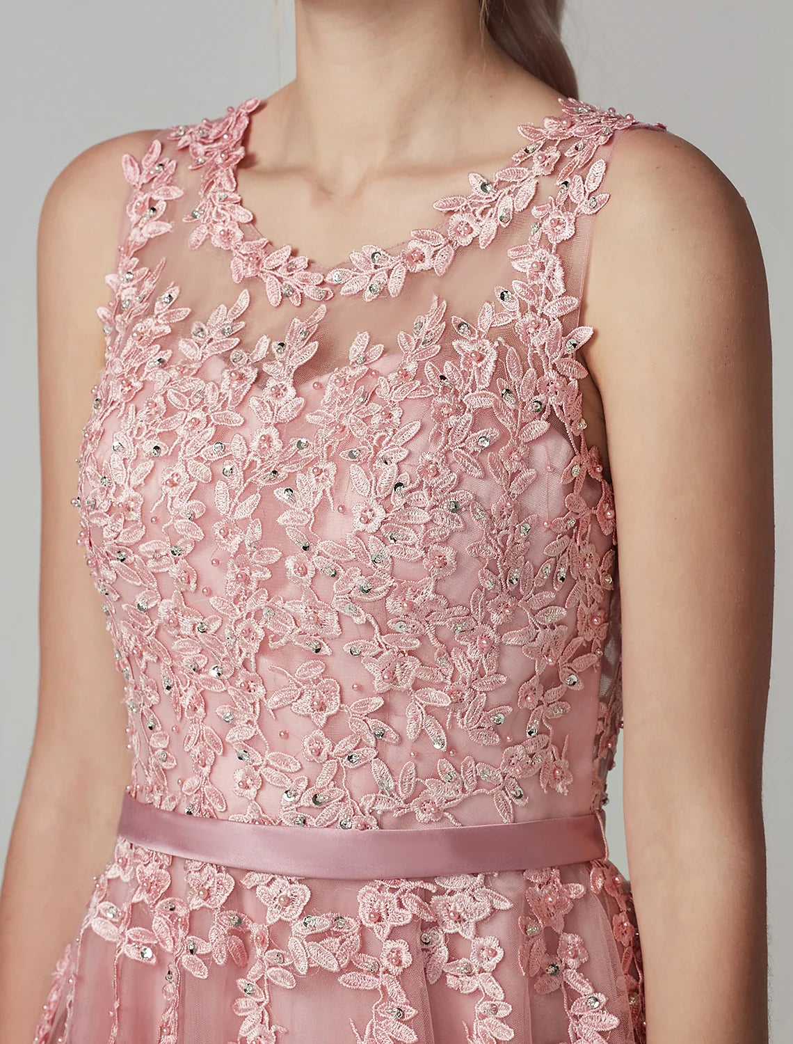 A-Line Illusion Tulle Sleeveless Applique Knee-Length Prom Dress - Chloe Dress