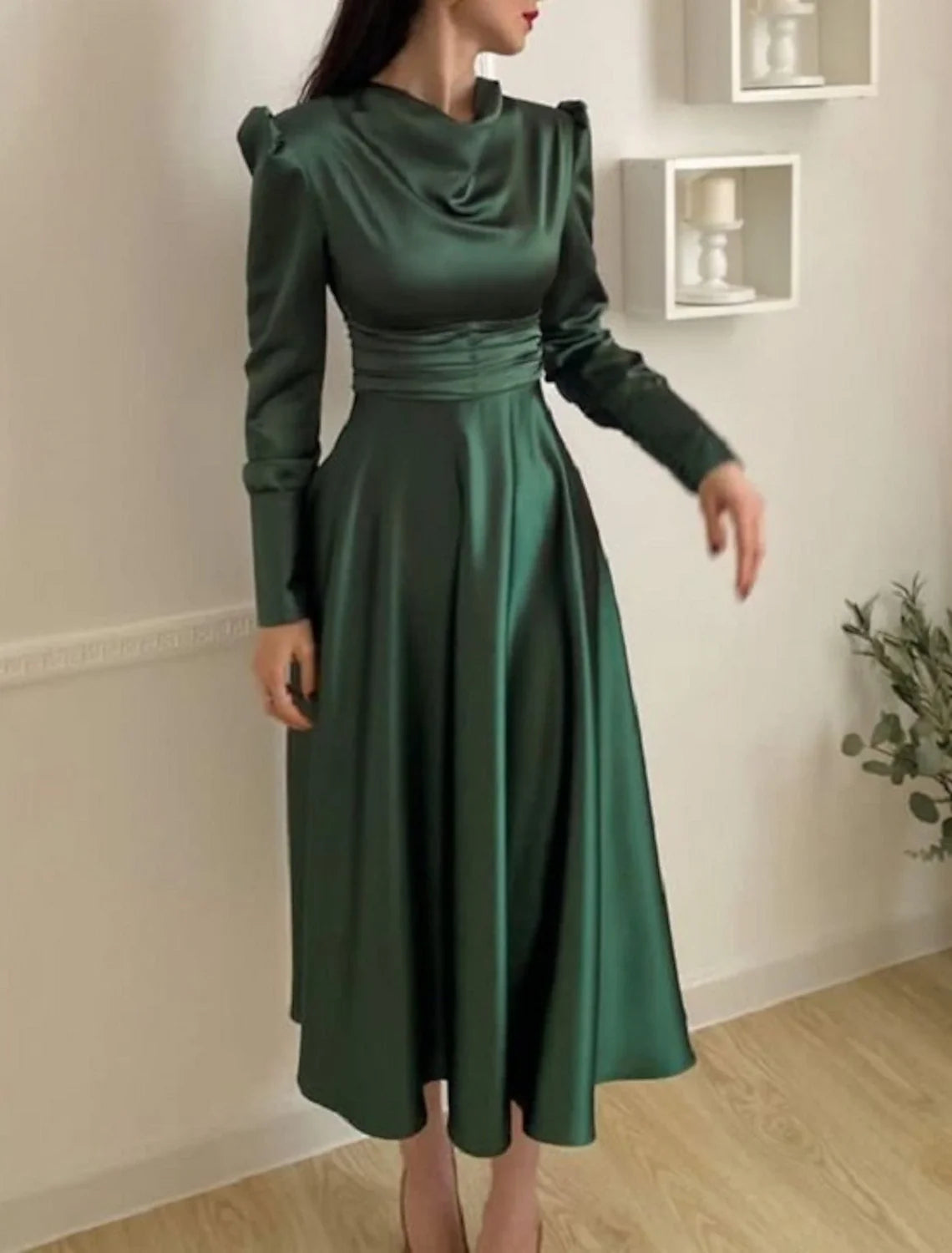 Green A-Line Cowl Neck Satin Long Sleeve Tea-Length Wedding Dress - Chloe Dress