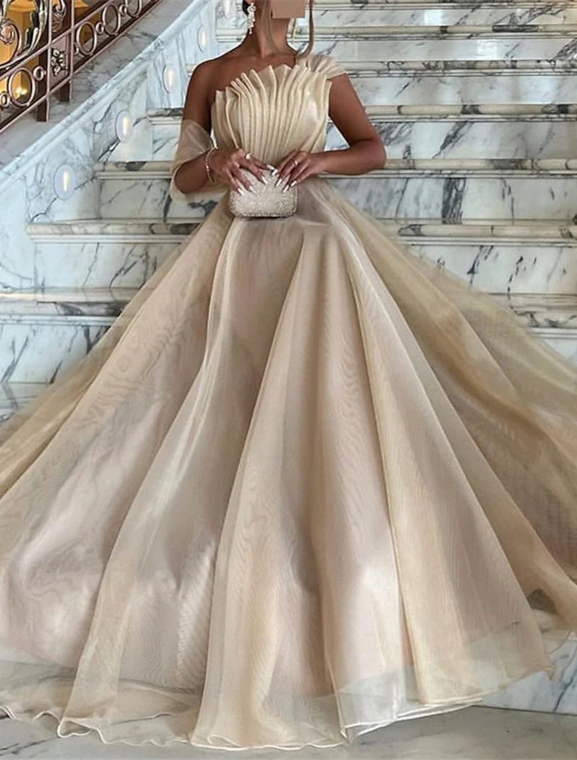Black Ball Gown One-Shoulder Organza Sleeveless Train Prom Gown - Chloe Dress