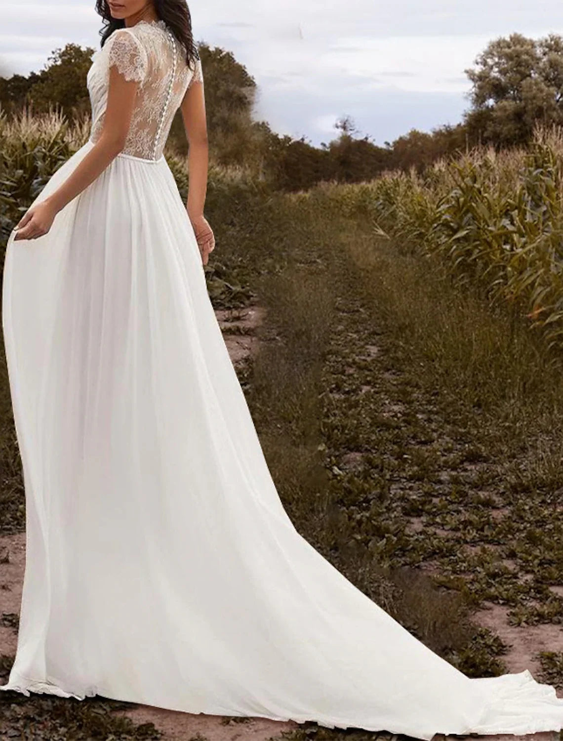 A-Line V-Neck Chiffon Cap Sleeve Open Back Pleated Wedding Gown - Chloe Dress