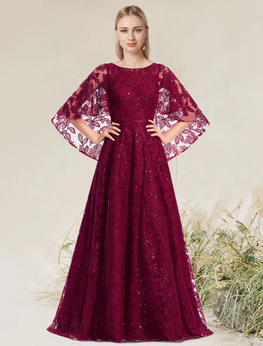 A-Line Lace Short Sleeve Applique Floor-Length Evening Dress - Chloe Dress