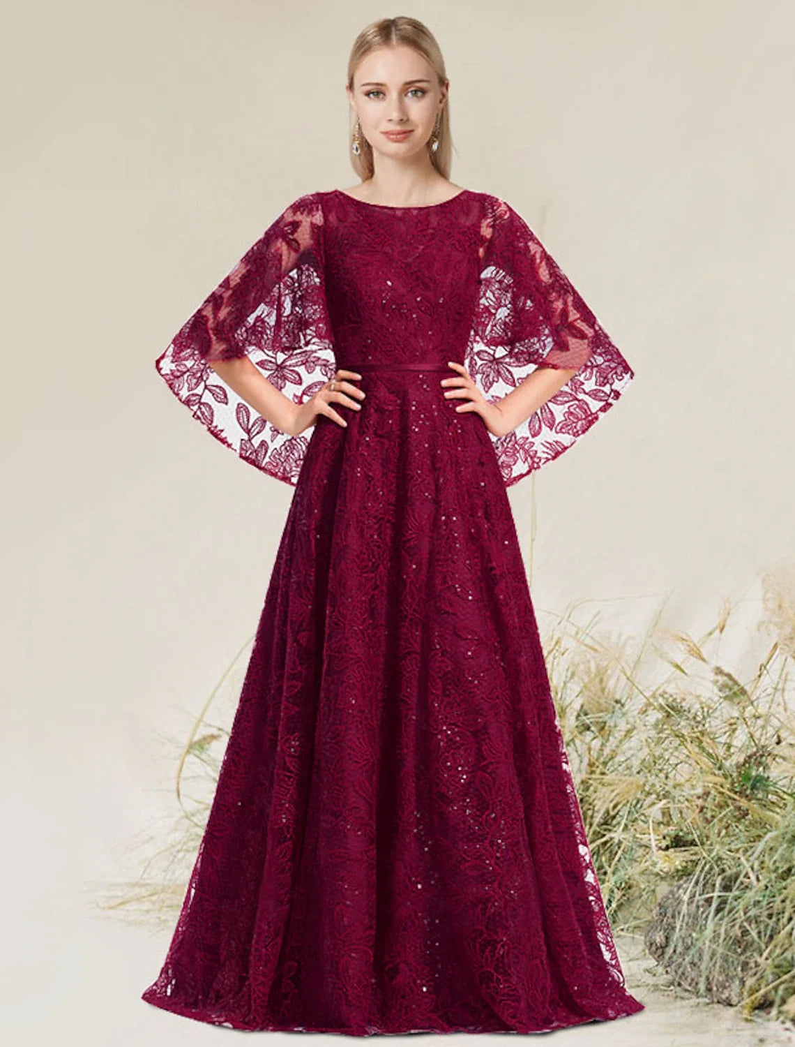 A-Line Lace Short Sleeve Applique Floor-Length Evening Dress - Chloe Dress