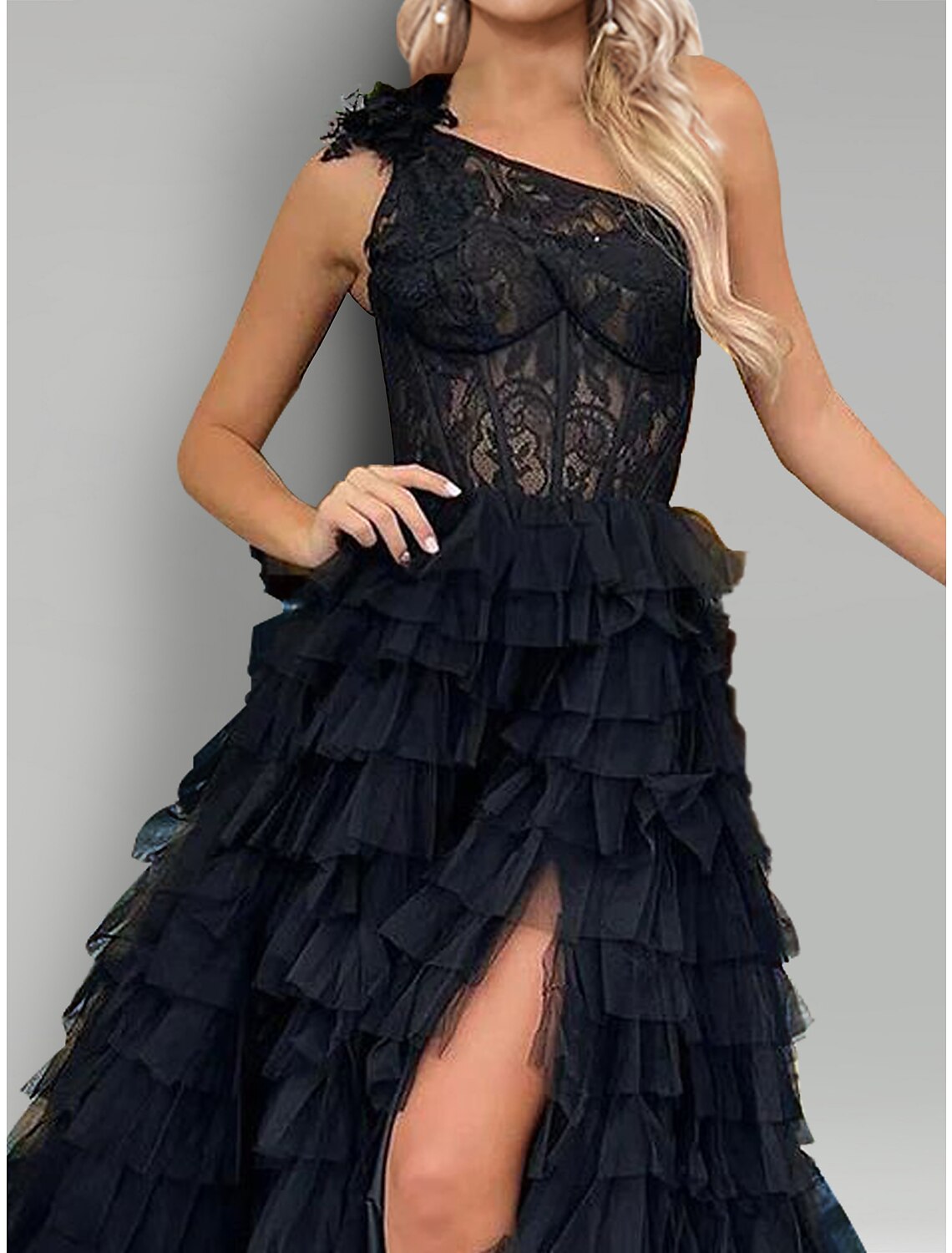 A-Line One-Shoulder Lace Sleeveless High Slit Evening Gown - Chloe Dress