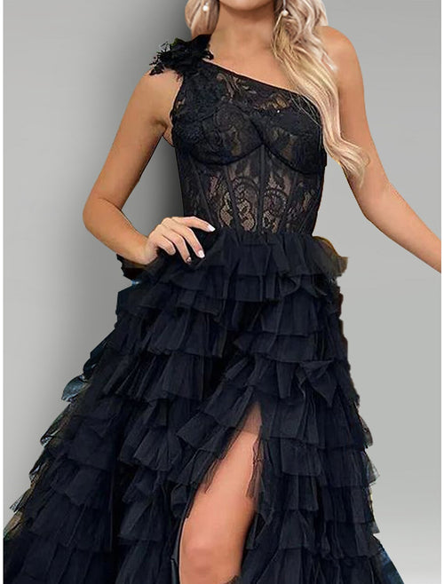 A-Line One-Shoulder Lace Sleeveless High Slit Evening Gown - Chloe Dress
