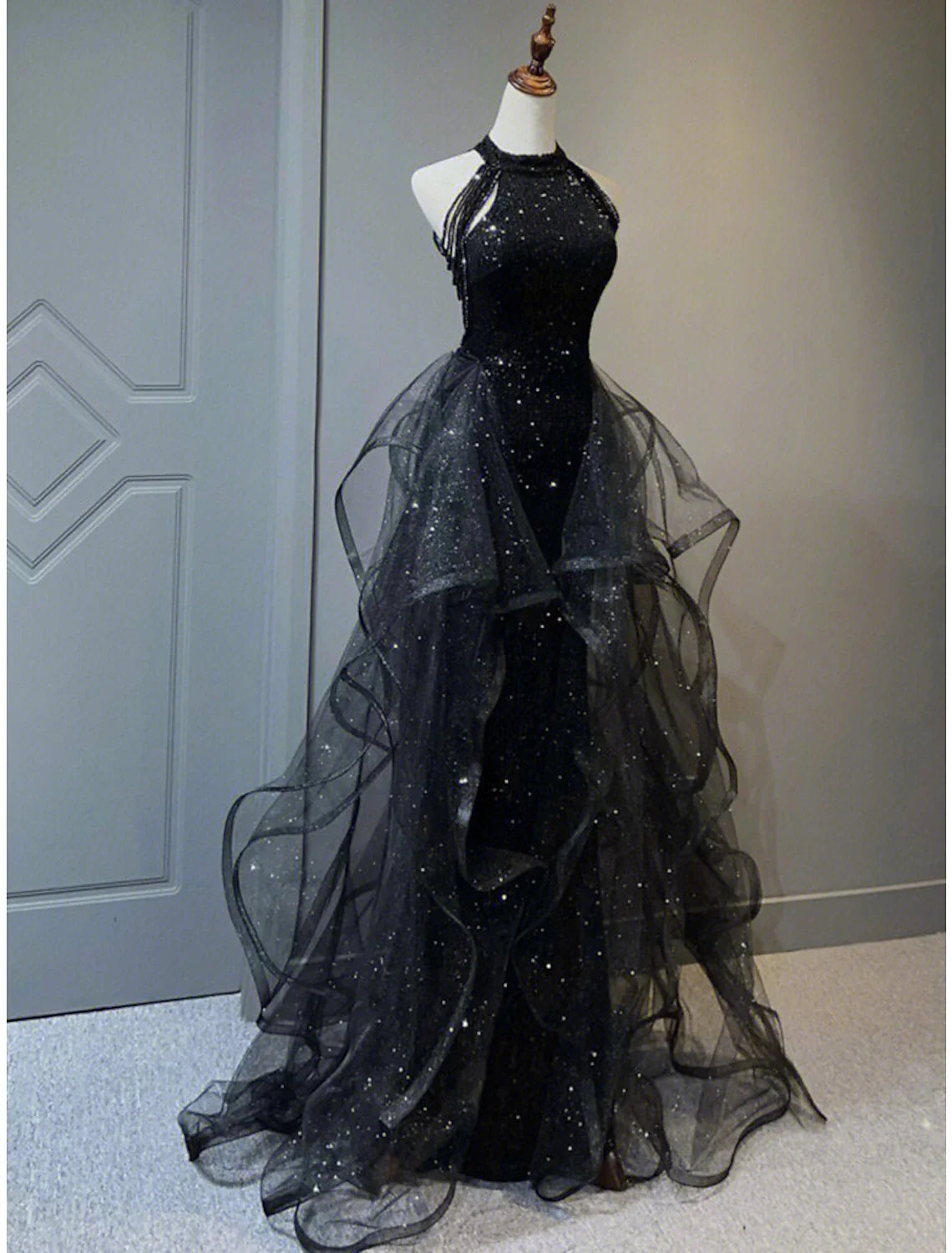 Black A-Line Halter Sequin Sleeveless Ruffled Prom Dress - Chloe Dress